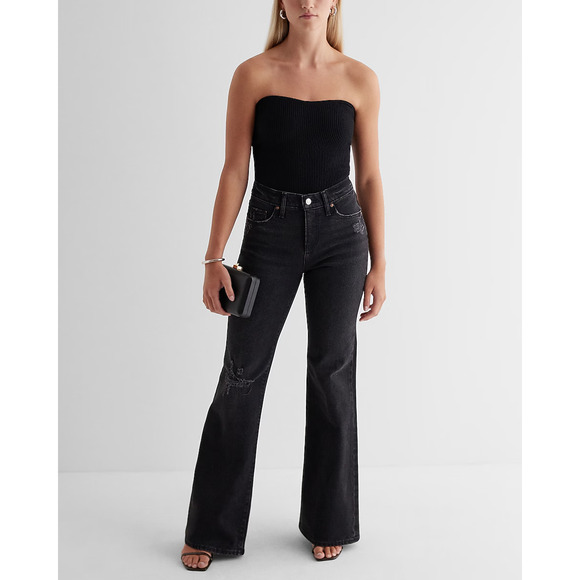 Express Denim - NWT Express '70s Flare Jeans Womens 6 Black Washed Ripped Mid-Rise Stretch Denim